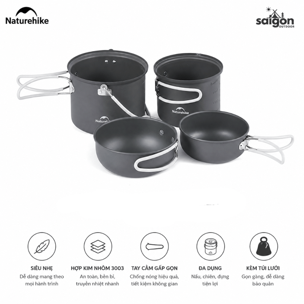 Bộ Nồi Dã Ngoại Naturehike 4 Món Hợp Kim Nhôm 3003 Chống Dính, Tay Cầm Gấp Gọn NH18T018-G