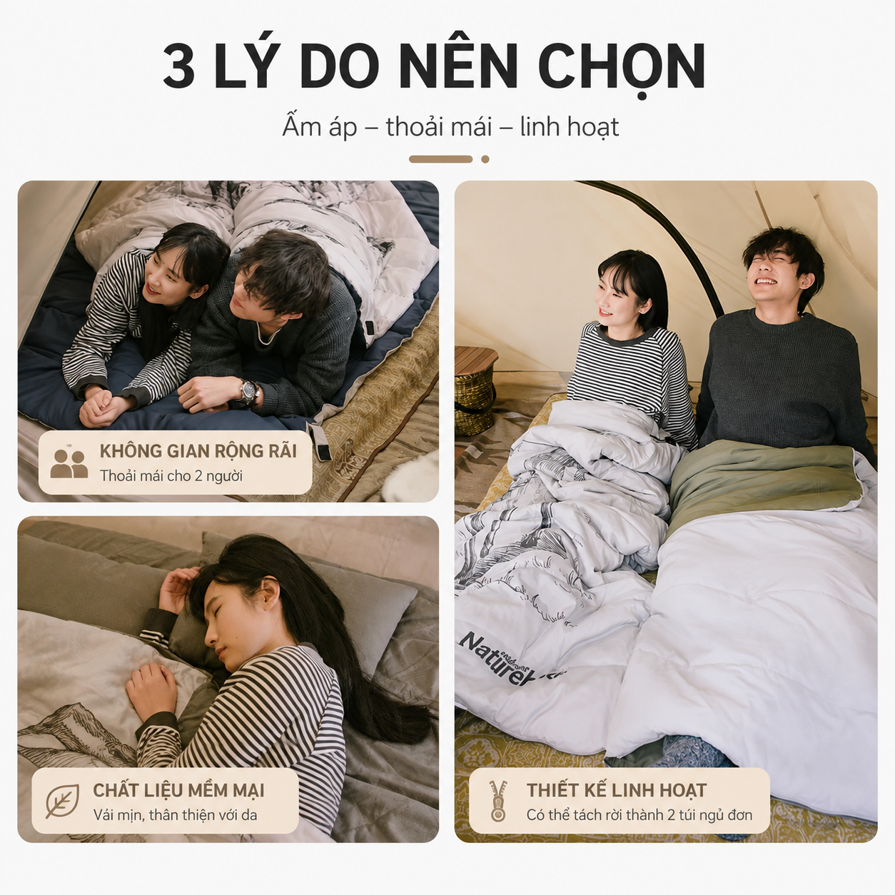 Túi Ngủ Đôi Naturehike Cho 2 Người, Giữ Ấm 15°C, Kèm 2 Gối & Túi Đựng, Camping Dã Ngoại NH21MSD06