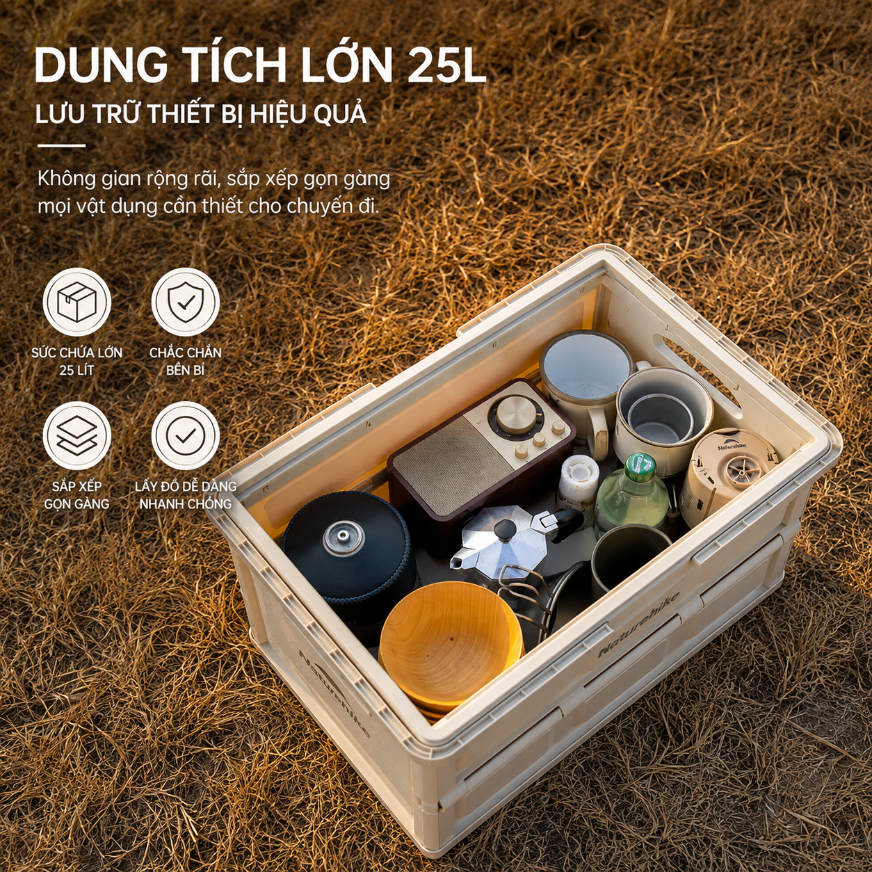 Thùng Đựng Đồ Gấp Gọn Naturehike 25L Có Mặt Bàn Vân Gỗ, Tay Xách, Xếp Chồng Đa Năng CNK2550XB017