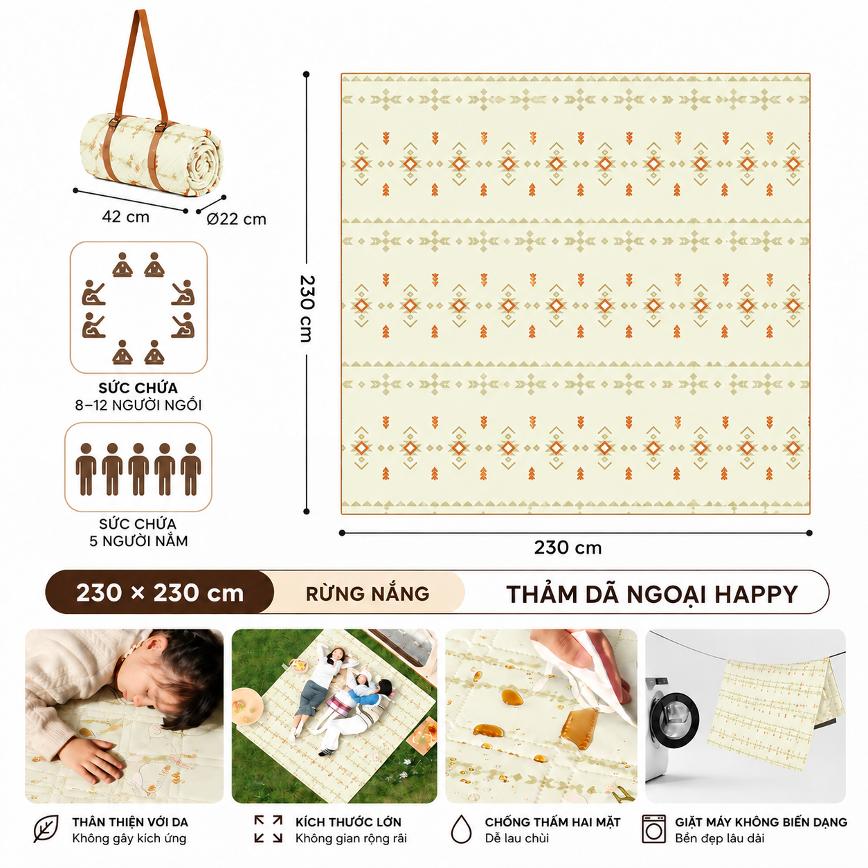 Thảm Dã Ngoại Naturehike Chống Thấm 2 Mặt Thảm Camping Picnic Gấp Gọn, Chần Bông Êm, Giặt Máy CNK2350WS010