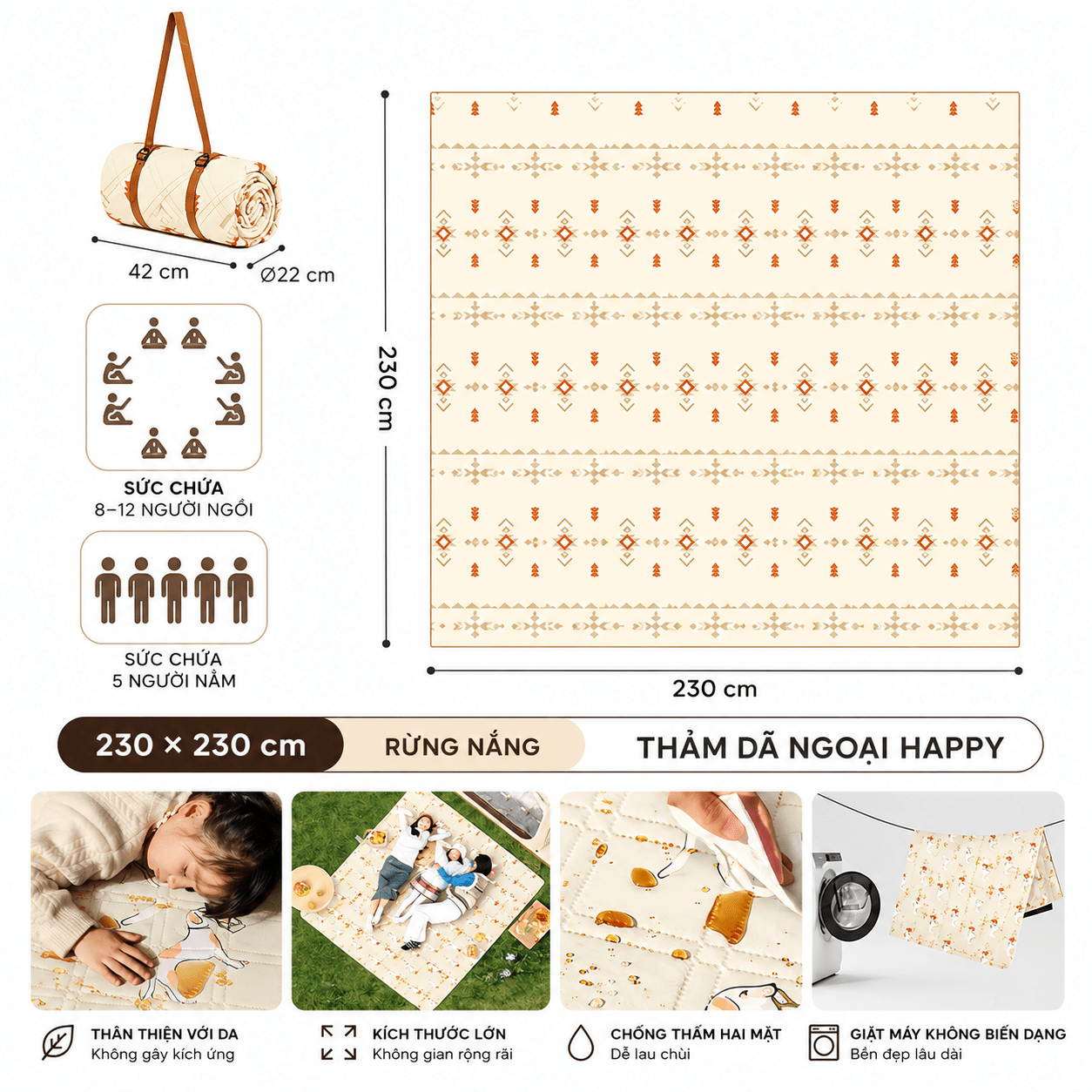 Thảm Dã Ngoại Naturehike Chống Thấm 2 Mặt Thảm Camping Picnic Gấp Gọn, Chần Bông Êm, Giặt Máy CNK2350WS010