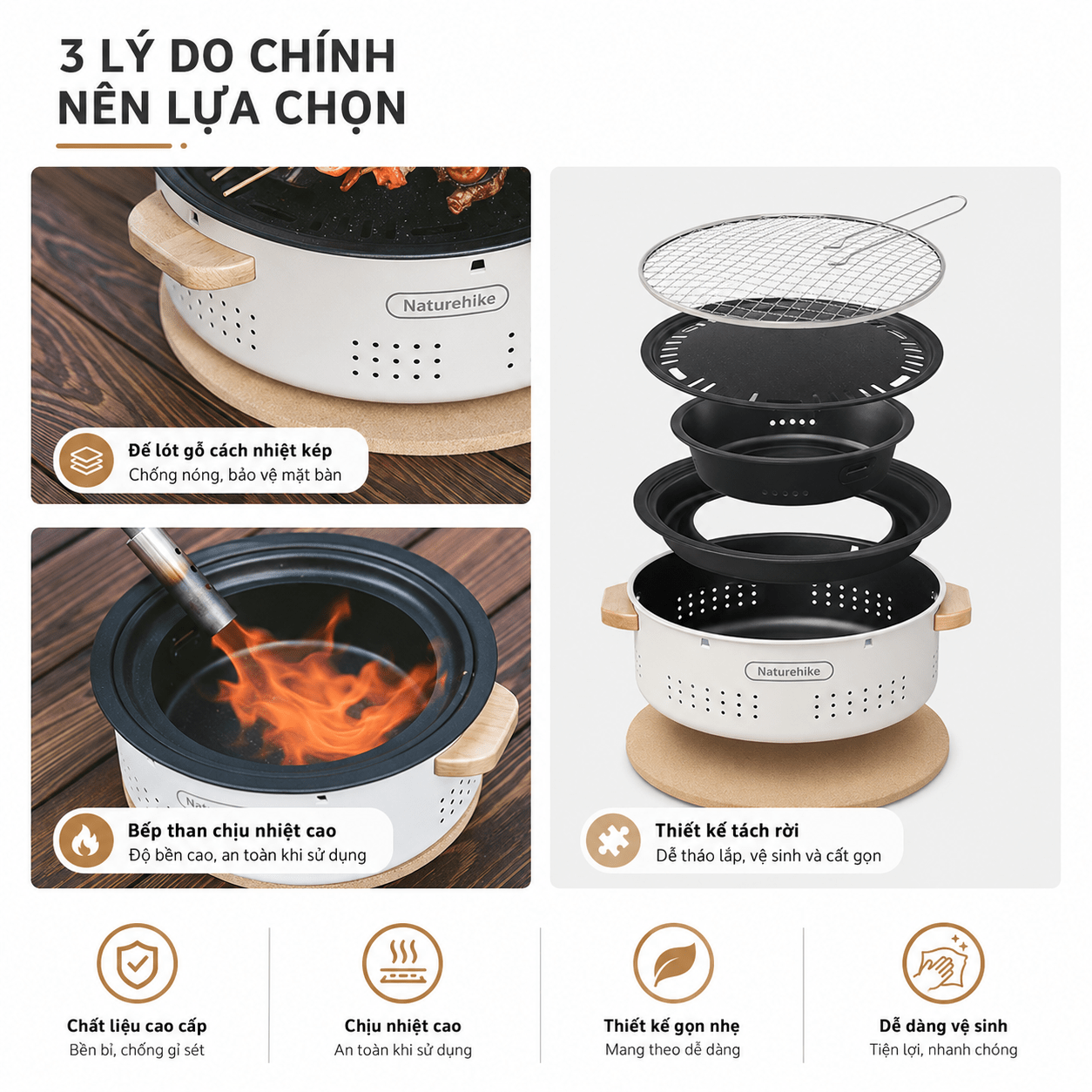 Bếp Nướng Than Hoa Naturehike Để Bàn Tròn 30cm, Bếp Nướng BBQ Camping Dã Ngoại CNK2550CF010