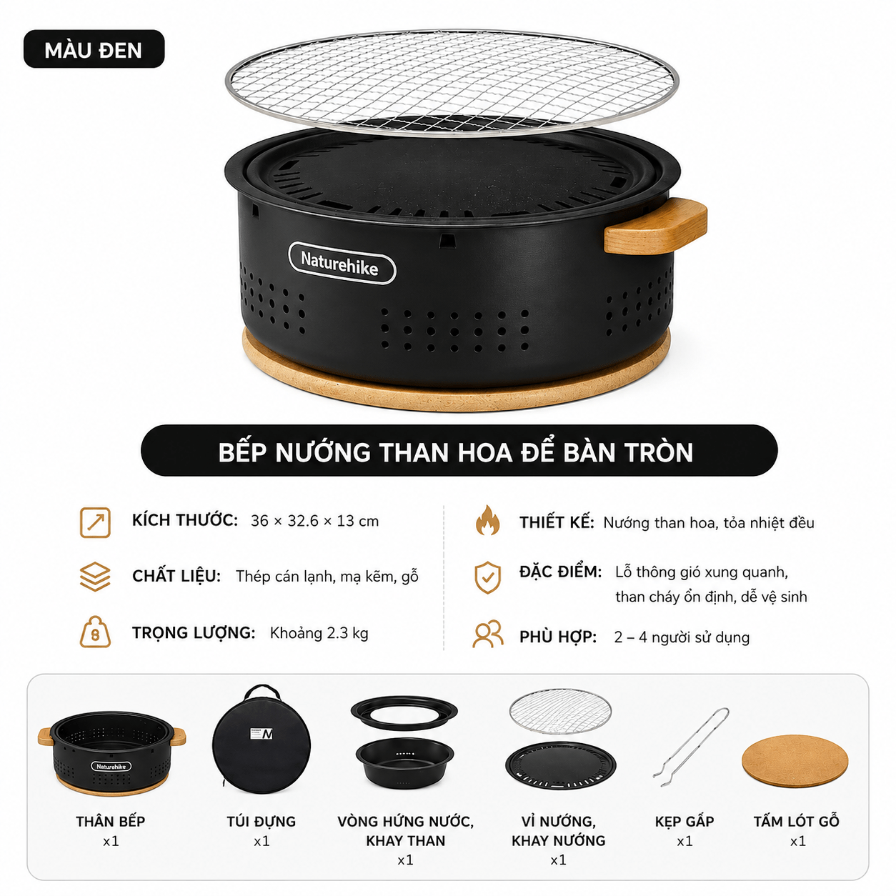 Bếp Nướng Than Hoa Naturehike Để Bàn Tròn 30cm, Bếp Nướng BBQ Camping Dã Ngoại CNK2550CF010