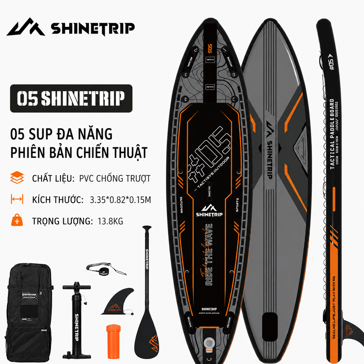Ván Chèo SUP Bơm Hơi ShineTrip Tactical 3.35m - Bộ SUP Đứng Chèo Đa Năng PVC 2 Lớp Chống Trượt Kèm Phụ Kiện