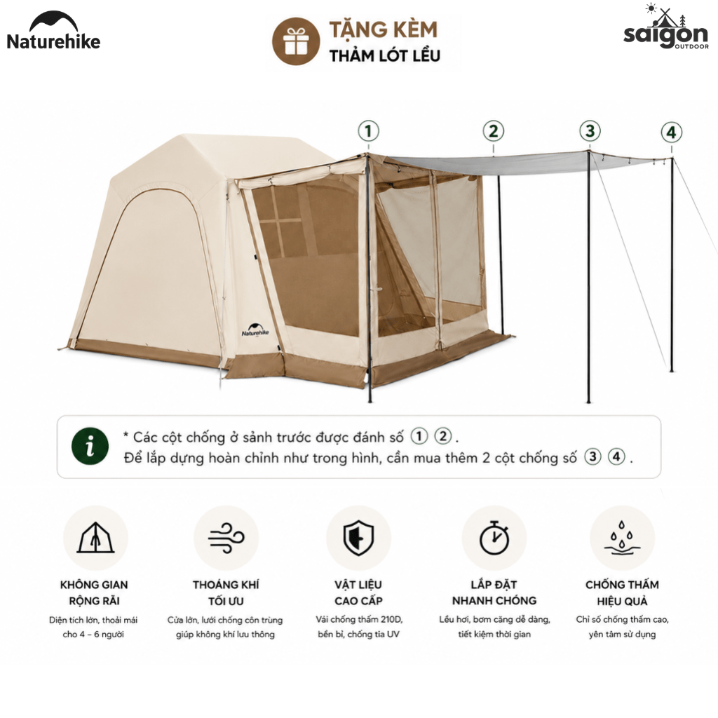 Lều Hơi Naturehike Village 6.0 CNK2650WS037, Lều Cắm Trại Bơm Hơi Tự Dựng, Chống Nước Chống Nắng UPF50+ - Mẫu Flaship (Tặng kèm thảm lót)