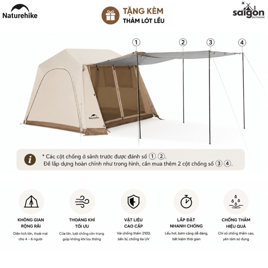 Lều Hơi Naturehike Village 6.0 CNK2650WS037 - Lều Cắm Trại Gia Đình Bơm Hơi Chống Nước 3000mm, Chống UV UPF50+(Tặng kèm thảm lót)