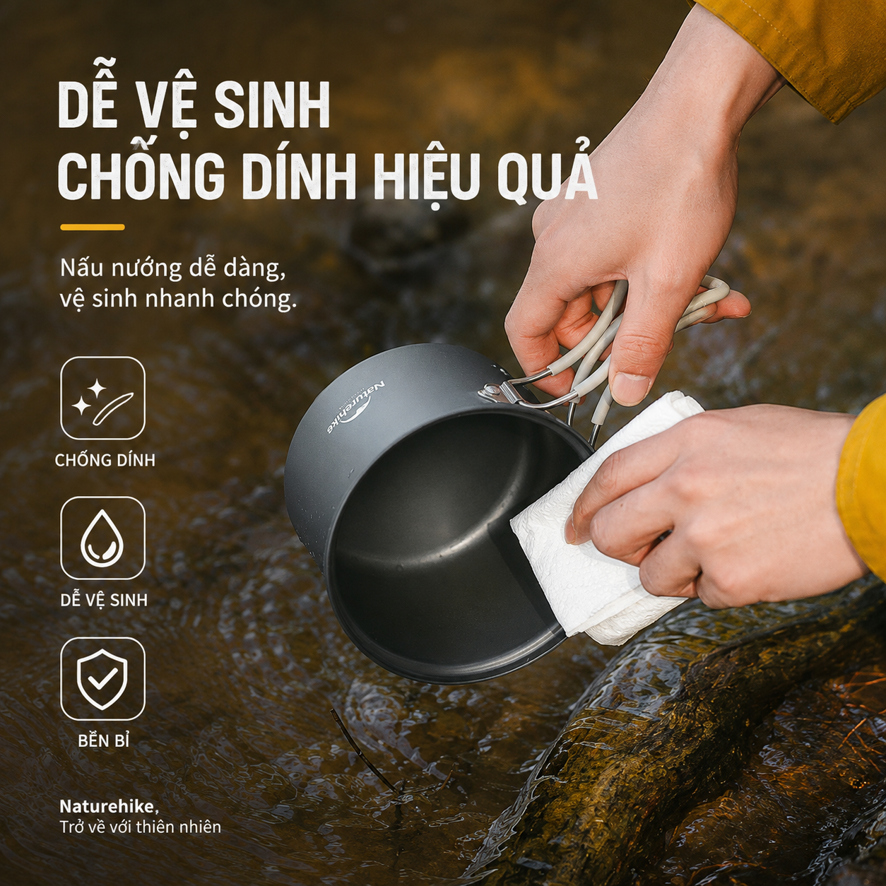 Bộ Nồi Dã Ngoại Naturehike 4 Món Hợp Kim Nhôm 3003 Chống Dính, Tay Cầm Gấp Gọn NH18T018-G