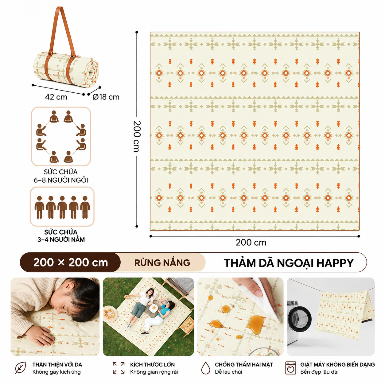 Thảm Dã Ngoại Naturehike Chống Thấm 2 Mặt Thảm Camping Picnic Gấp Gọn, Chần Bông Êm, Giặt Máy CNK2350WS010