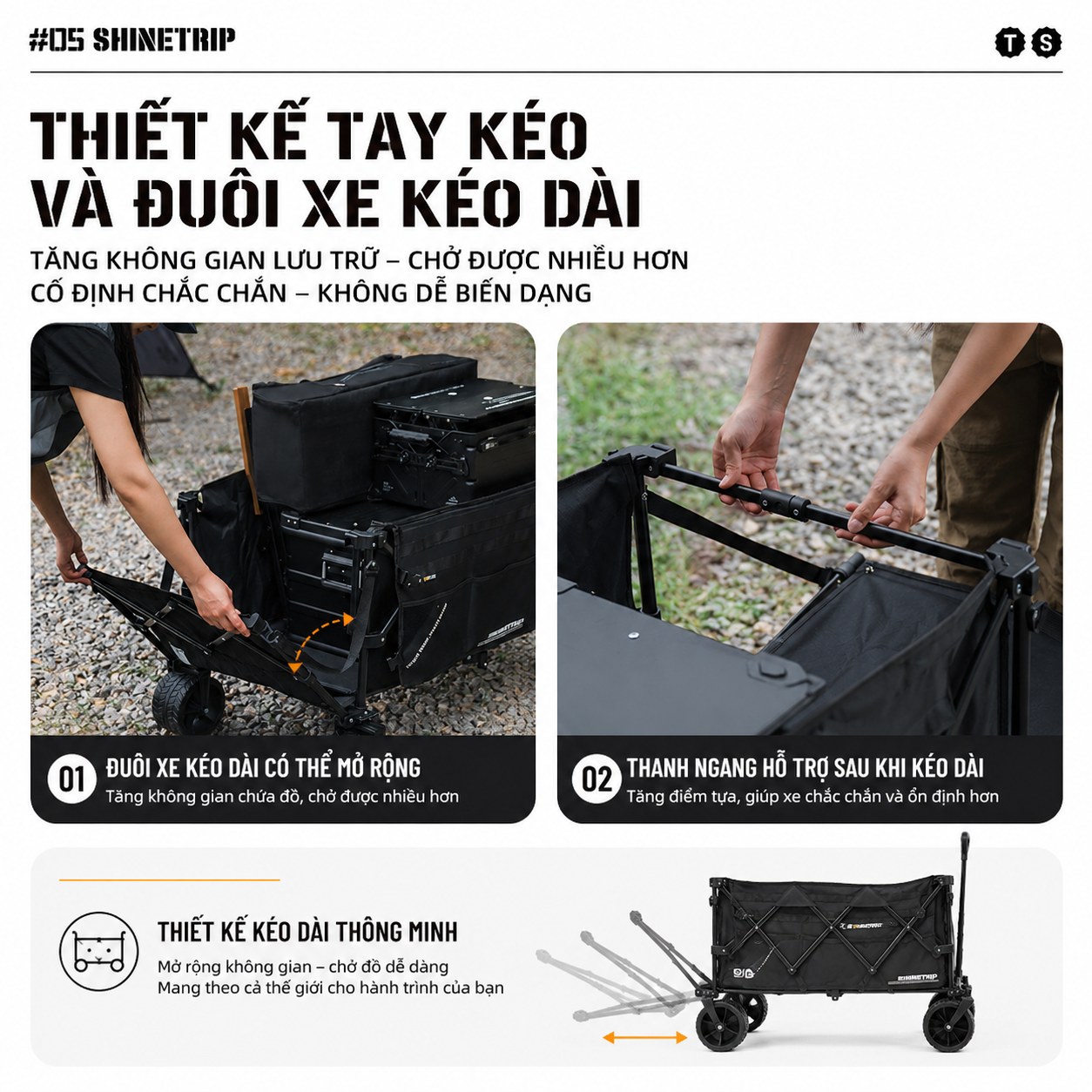 Xe Kéo Camping ShineTrip ST05 Tactical 495L Gấp Gọn Có Tay Kéo Mở Rộng Bánh Xe 10cm Phanh Kép