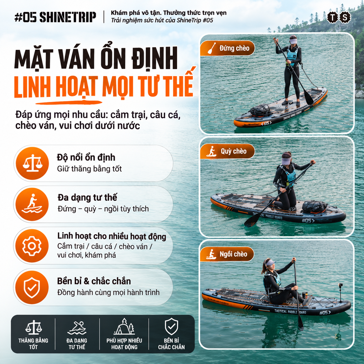 Ván Chèo SUP Bơm Hơi ShineTrip Tactical 3.35m - Bộ SUP Đứng Chèo Đa Năng PVC 2 Lớp Chống Trượt Kèm Phụ Kiện