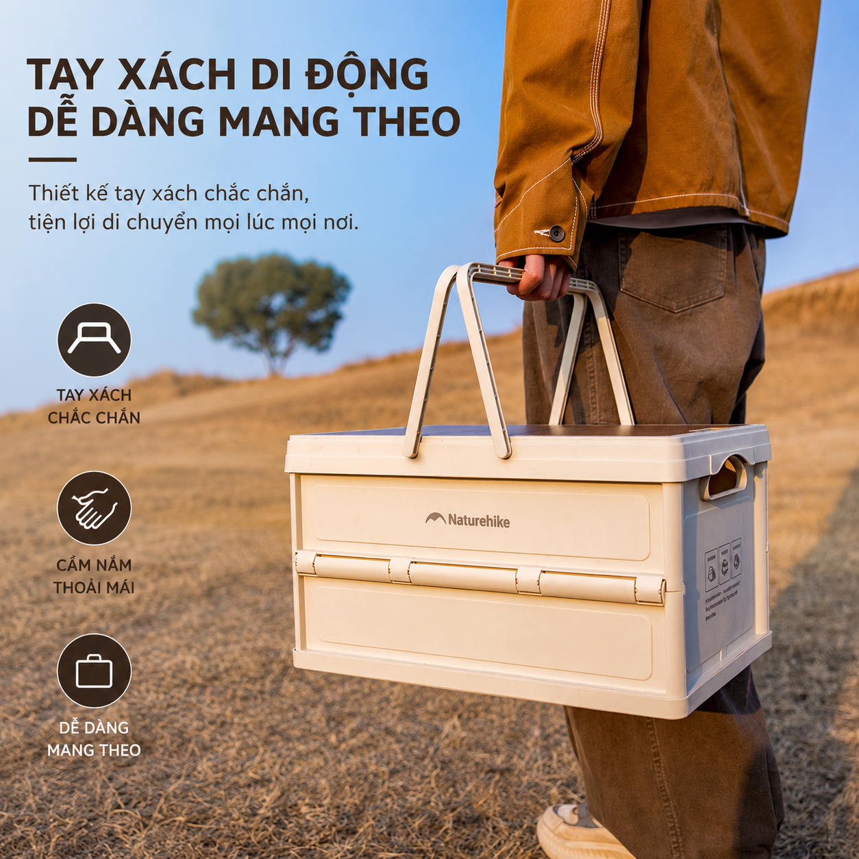 Thùng Đựng Đồ Gấp Gọn Naturehike 25L Có Mặt Bàn Vân Gỗ, Tay Xách, Xếp Chồng Đa Năng CNK2550XB017