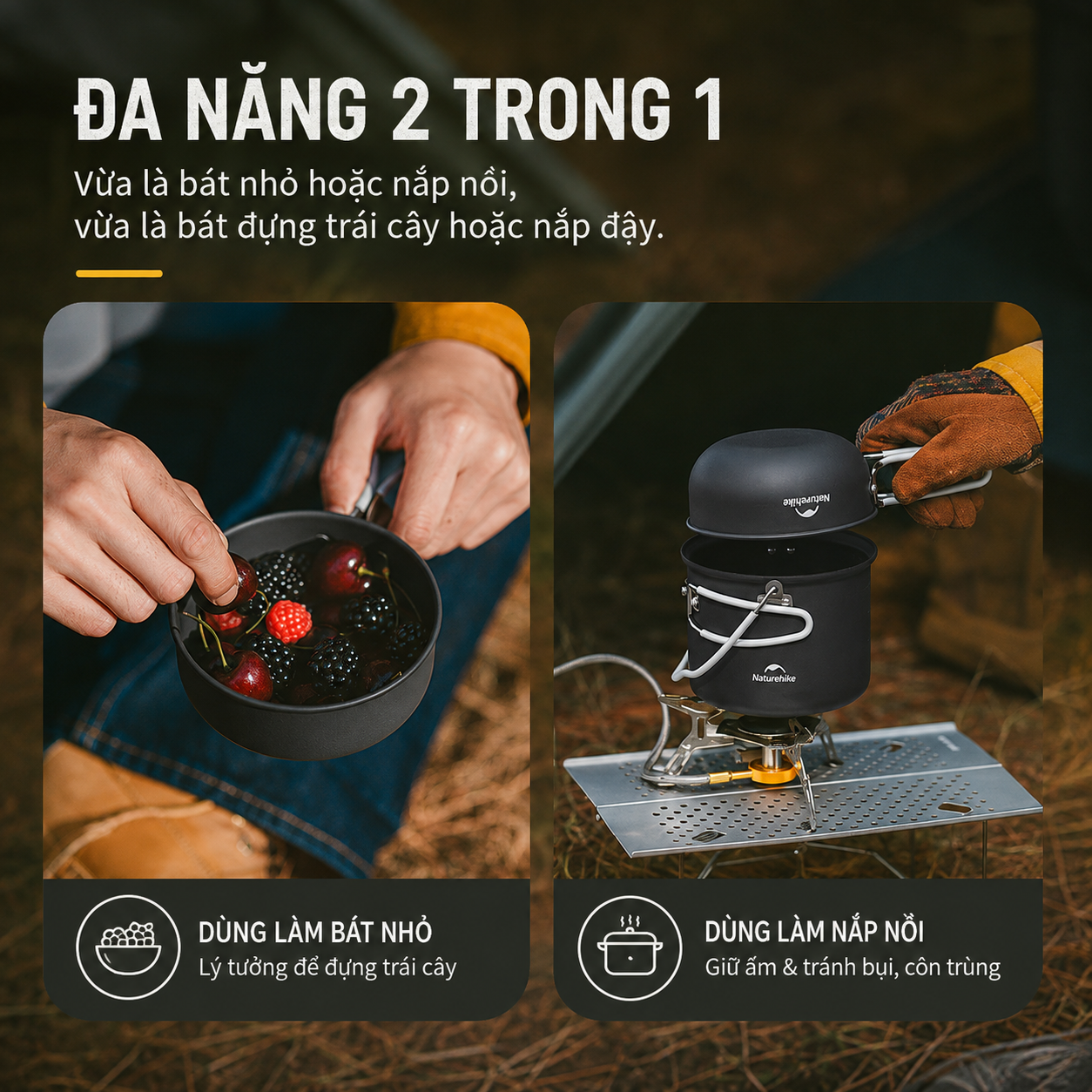 Bộ Nồi Dã Ngoại Naturehike 4 Món Hợp Kim Nhôm 3003 Chống Dính, Tay Cầm Gấp Gọn NH18T018-G