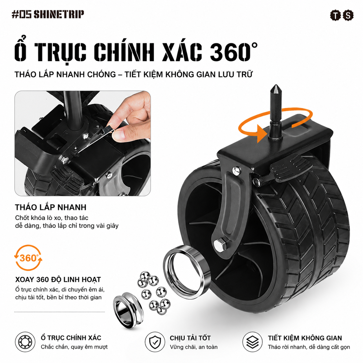 Xe Kéo Camping ShineTrip ST05 Tactical 495L Gấp Gọn Có Tay Kéo Mở Rộng Bánh Xe 10cm Phanh Kép