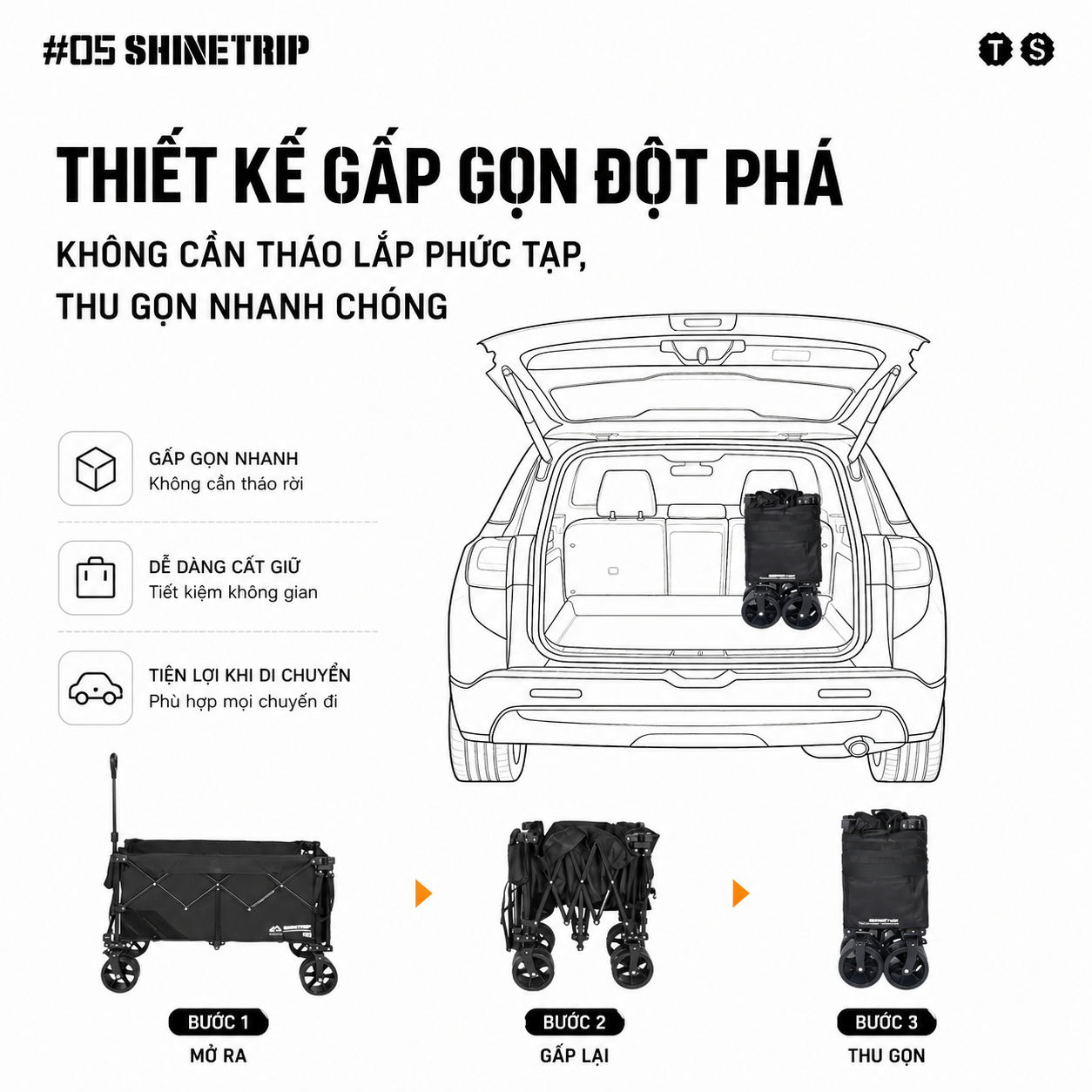 Xe Kéo Camping ShineTrip ST05 Tactical 495L Gấp Gọn Có Tay Kéo Mở Rộng Bánh Xe 10cm Phanh Kép