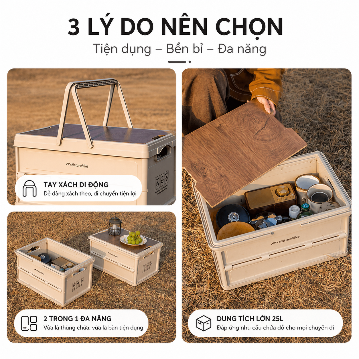 Thùng Đựng Đồ Gấp Gọn Naturehike 25L Có Mặt Bàn Vân Gỗ, Tay Xách, Xếp Chồng Đa Năng CNK2550XB017