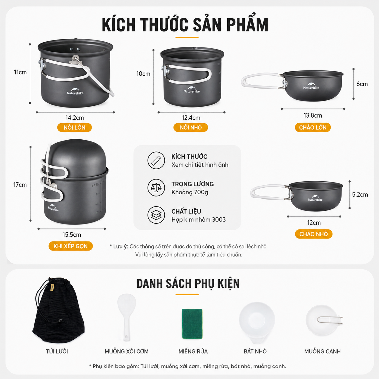 Bộ Nồi Dã Ngoại Naturehike 4 Món Hợp Kim Nhôm 3003 Chống Dính, Tay Cầm Gấp Gọn NH18T018-G