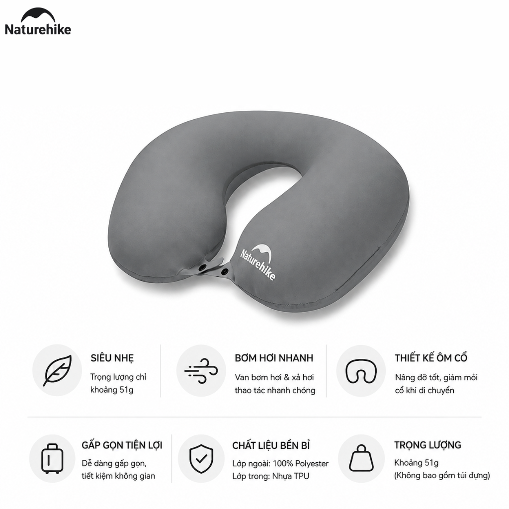 Gối Hơi Du Lịch Naturehike Chữ U Ôm Cổ Siêu Nhẹ 51g, Gấp Gọn, Gối Kê Cổ Đi Máy Bay Cắm Trại Dã Ngoại CNK2650WS030