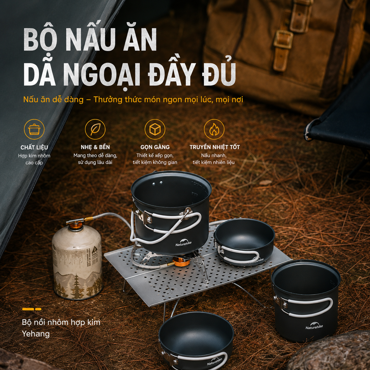 Bộ Nồi Dã Ngoại Naturehike 4 Món Hợp Kim Nhôm 3003 Chống Dính, Tay Cầm Gấp Gọn NH18T018-G