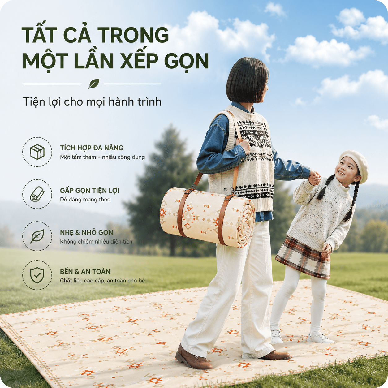 Thảm Dã Ngoại Naturehike Chống Thấm 2 Mặt Thảm Camping Picnic Gấp Gọn, Chần Bông Êm, Giặt Máy CNK2350WS010