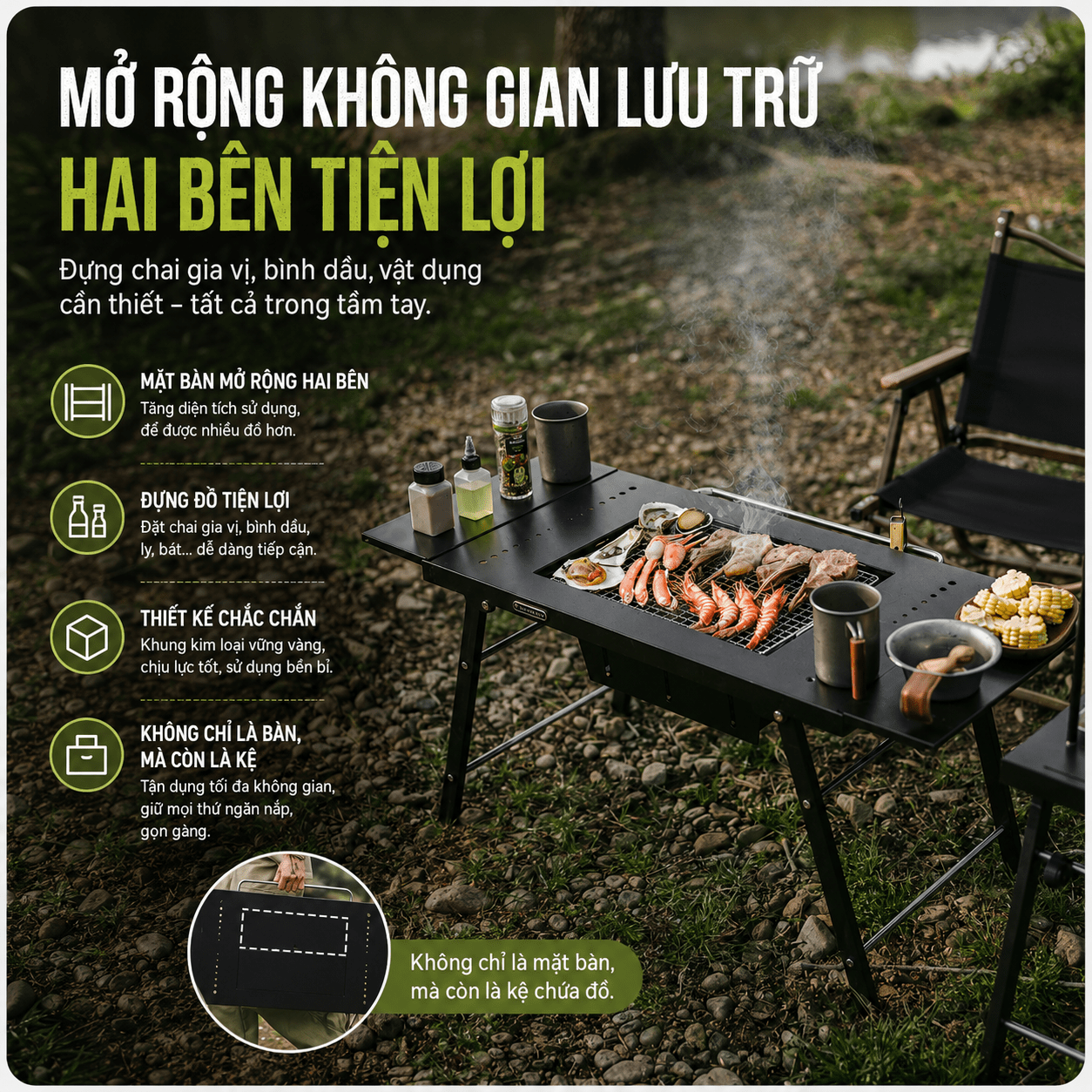 Bàn IGT Naturehike Đa Năng Tích Hợp Bếp Nướng BBQ, Bàn Camping Gấp Gọn Inox 304 Có Thanh Treo Đèn CNK2350CF018