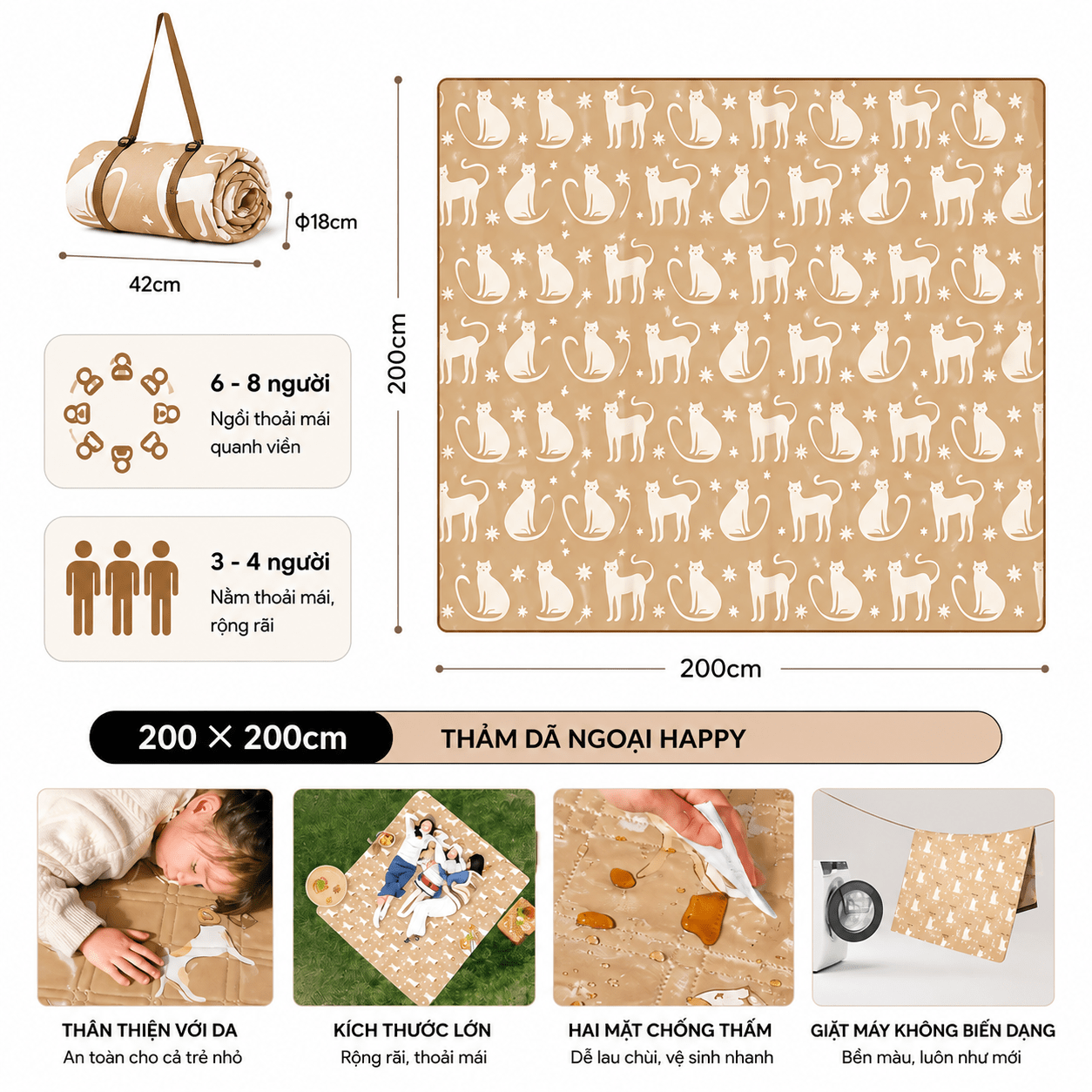 Thảm Dã Ngoại Naturehike Chống Thấm 2 Mặt Thảm Camping Picnic Gấp Gọn, Chần Bông Êm, Giặt Máy CNK2350WS010
