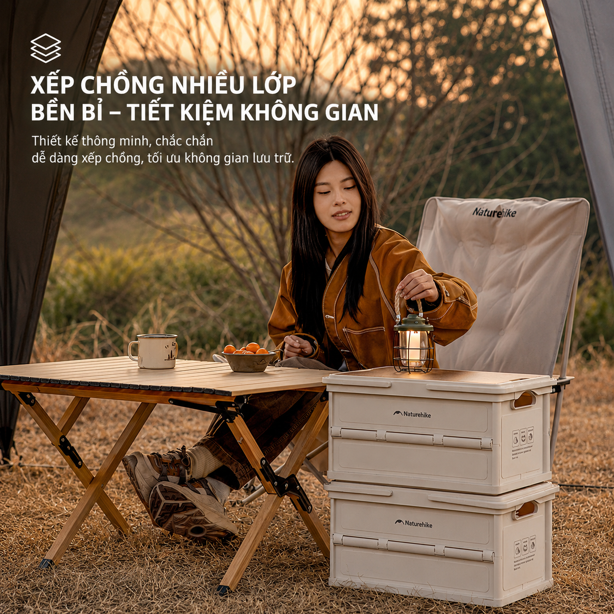 Thùng Đựng Đồ Gấp Gọn Naturehike 25L Có Mặt Bàn Vân Gỗ, Tay Xách, Xếp Chồng Đa Năng CNK2550XB017