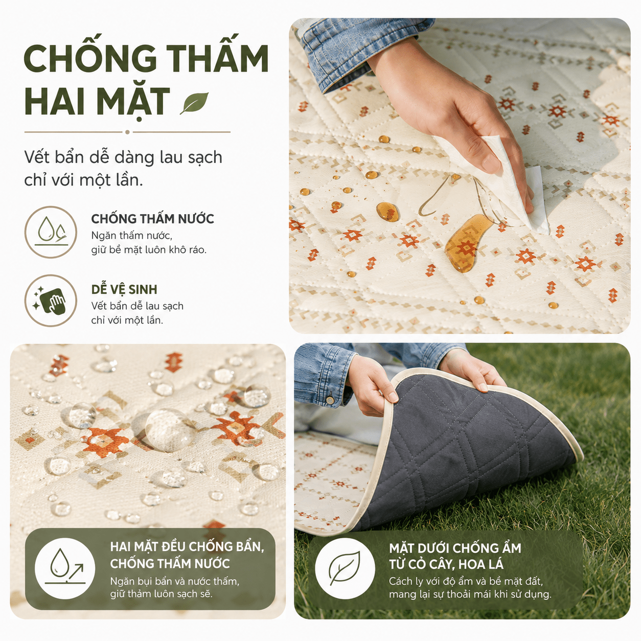 Thảm Dã Ngoại Naturehike Chống Thấm 2 Mặt Thảm Camping Picnic Gấp Gọn, Chần Bông Êm, Giặt Máy CNK2350WS010