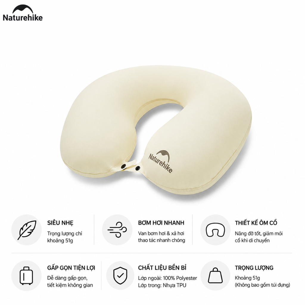 Gối Hơi Du Lịch Naturehike Chữ U Ôm Cổ Siêu Nhẹ 51g, Gấp Gọn, Gối Kê Cổ Đi Máy Bay Cắm Trại Dã Ngoại CNK2650WS030