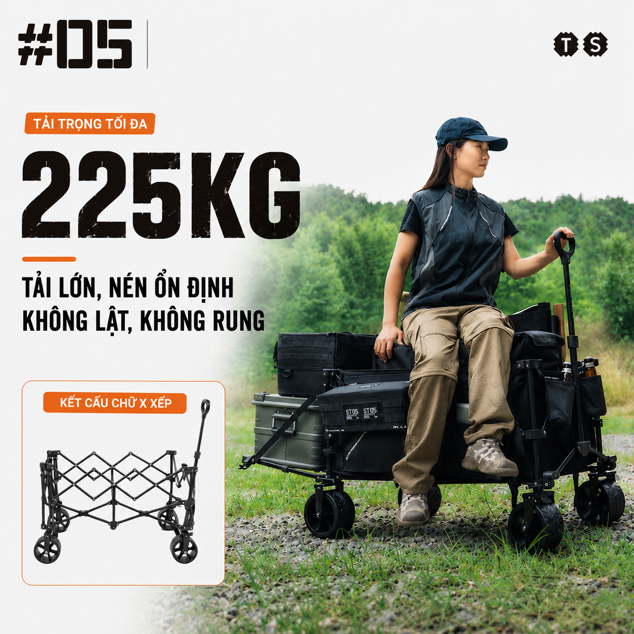 Xe Kéo Camping ShineTrip ST05 Tactical 495L Gấp Gọn Có Tay Kéo Mở Rộng Bánh Xe 10cm Phanh Kép