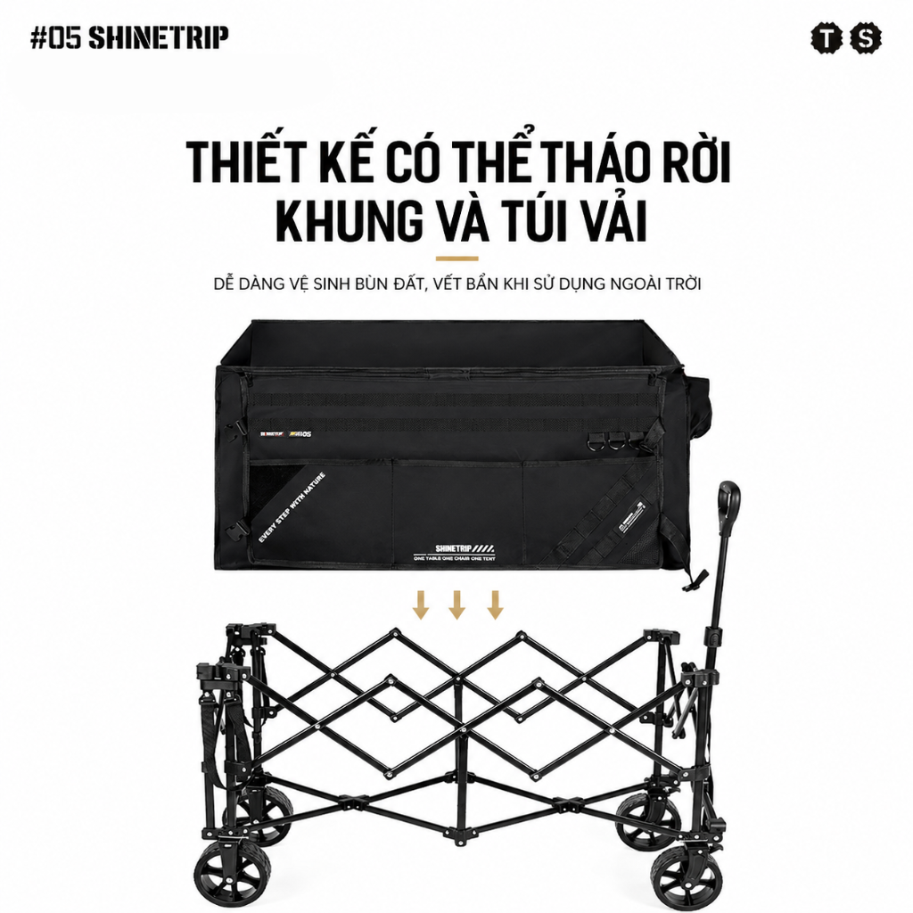Xe Kéo Camping ShineTrip ST05 Tactical 495L Gấp Gọn Có Tay Kéo Mở Rộng Bánh Xe 10cm Phanh Kép