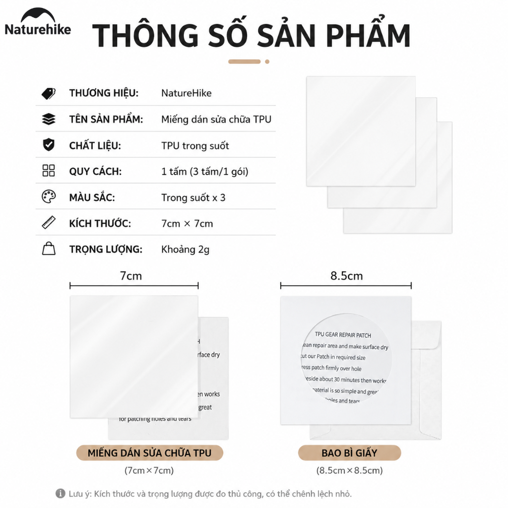 Miếng Dán Vá TPU Naturehike 7x7cm Trong Suốt Chống Thấm Nước - Miếng Vá Sửa Chữa Lều, Đệm Hơi, Túi Ngủ NH19PJ086
