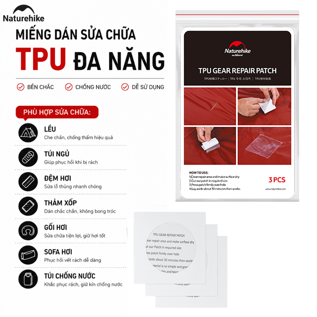 Miếng Dán Vá TPU Naturehike 7x7cm Trong Suốt Chống Thấm Nước - Miếng Vá Sửa Chữa Lều, Đệm Hơi, Túi Ngủ NH19PJ086