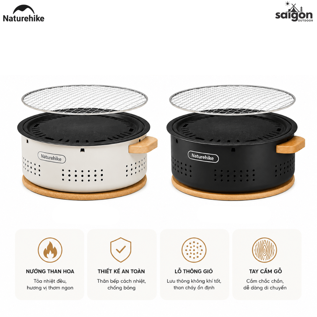 Bếp Nướng Than Hoa Naturehike Để Bàn Tròn 30cm, Bếp Nướng BBQ Camping Dã Ngoại CNK2550CF010