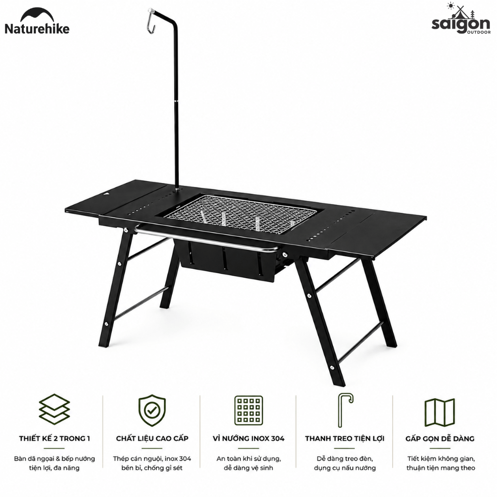 Bàn IGT Naturehike Đa Năng Tích Hợp Bếp Nướng BBQ, Bàn Camping Gấp Gọn Inox 304 Có Thanh Treo Đèn CNK2350CF018