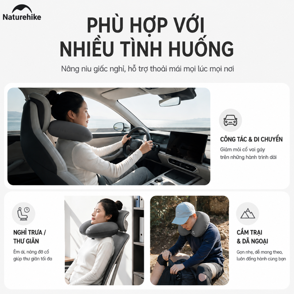 Gối Hơi Du Lịch Naturehike Chữ U Ôm Cổ Siêu Nhẹ 51g, Gấp Gọn, Gối Kê Cổ Đi Máy Bay Cắm Trại Dã Ngoại CNK2650WS030