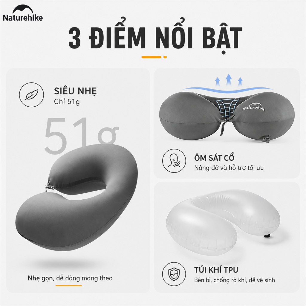 Gối Hơi Du Lịch Naturehike Chữ U Ôm Cổ Siêu Nhẹ 51g, Gấp Gọn, Gối Kê Cổ Đi Máy Bay Cắm Trại Dã Ngoại CNK2650WS030