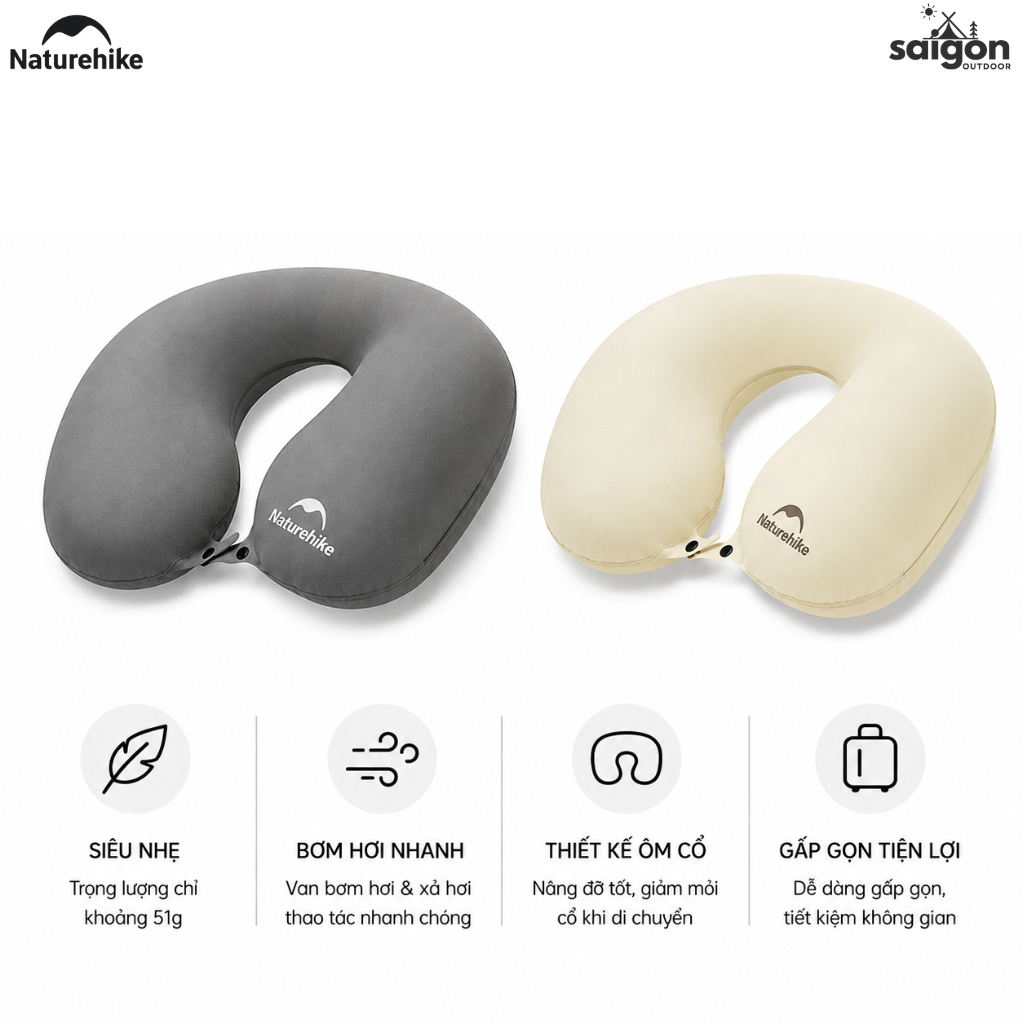 Gối Hơi Du Lịch Naturehike Chữ U Ôm Cổ Siêu Nhẹ 51g, Gấp Gọn, Gối Kê Cổ Đi Máy Bay Cắm Trại Dã Ngoại CNK2650WS030