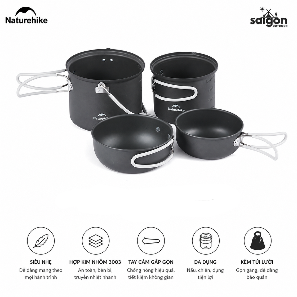 Bộ Nồi Dã Ngoại Naturehike 4 Món Hợp Kim Nhôm 3003 Chống Dính, Tay Cầm Gấp Gọn NH18T018-G