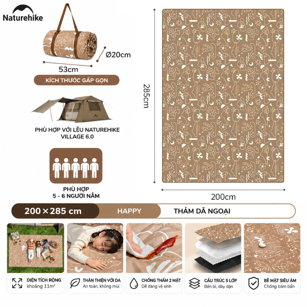 Thảm Dã Ngoại Naturehike Chống Thấm 2 Mặt Thảm Camping Picnic Gấp Gọn, Chần Bông Êm, Giặt Máy CNK2350WS010