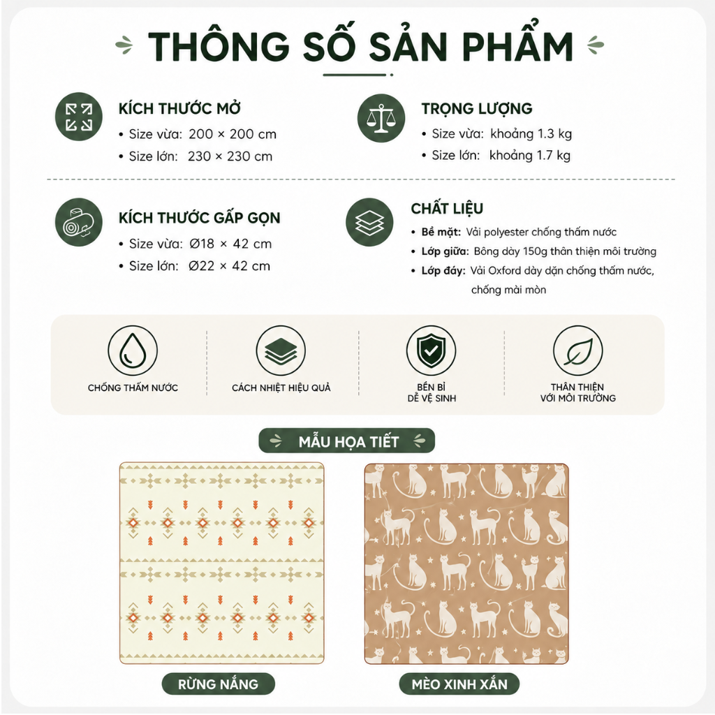 Thảm Dã Ngoại Naturehike Chống Thấm 2 Mặt Thảm Camping Picnic Gấp Gọn, Chần Bông Êm, Giặt Máy CNK2350WS010