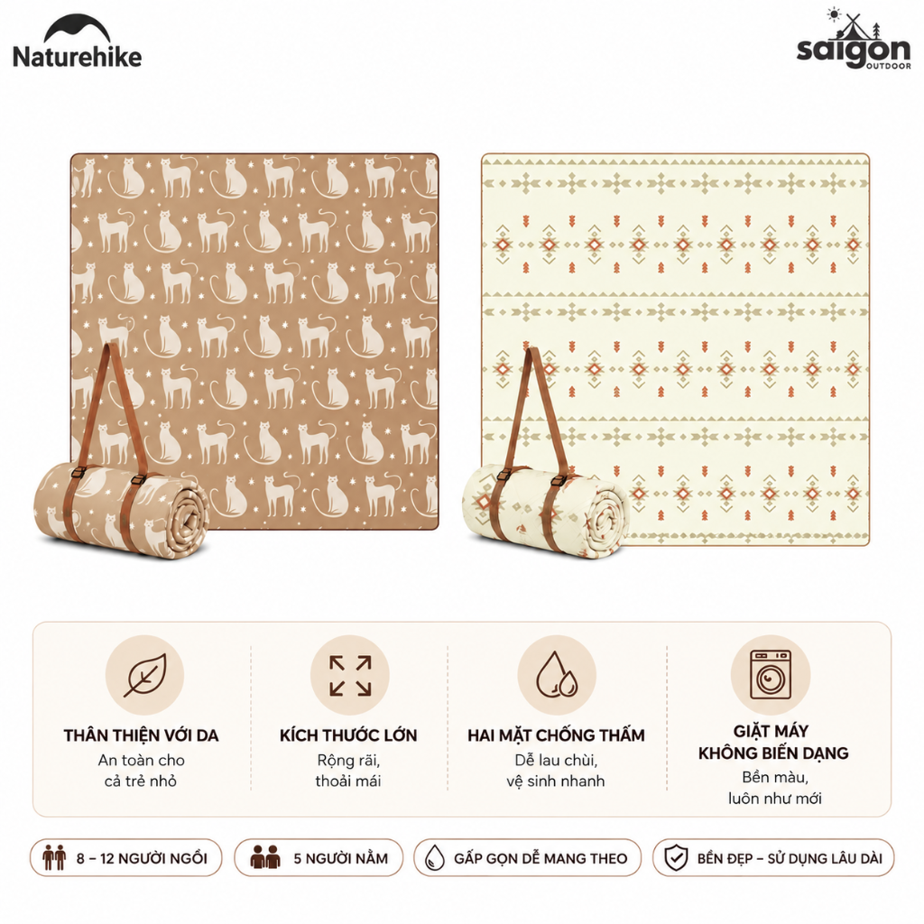 Thảm Dã Ngoại Naturehike Chống Thấm 2 Mặt Thảm Camping Picnic Gấp Gọn, Chần Bông Êm, Giặt Máy CNK2350WS010