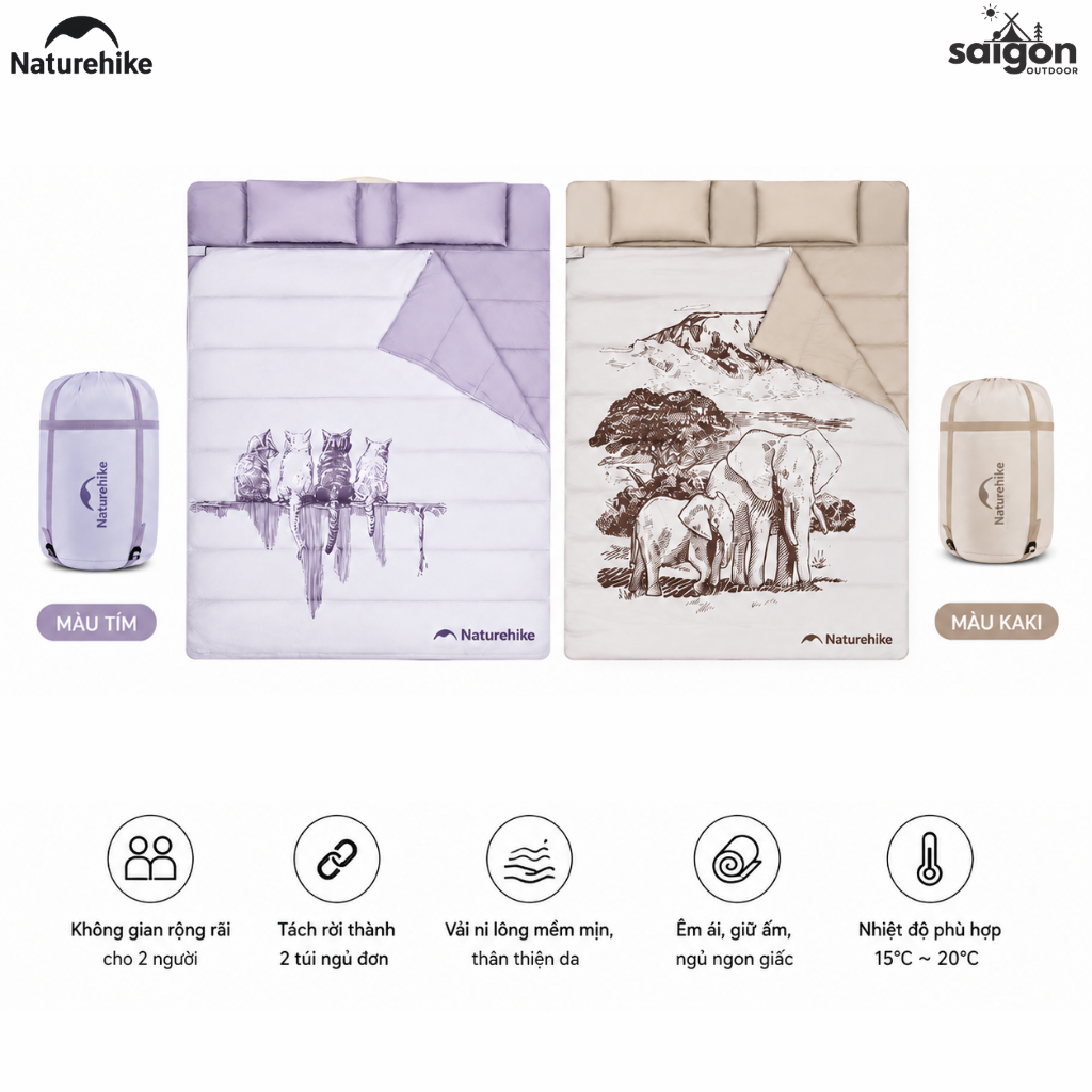 Túi Ngủ Đôi Naturehike Cho 2 Người, Giữ Ấm 15°C, Kèm 2 Gối & Túi Đựng, Camping Dã Ngoại NH21MSD06