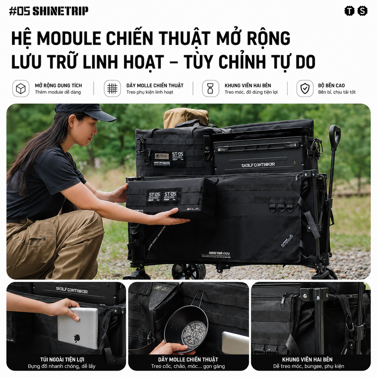 Xe Kéo Camping ShineTrip ST05 Tactical 495L Gấp Gọn Có Tay Kéo Mở Rộng Bánh Xe 10cm Phanh Kép