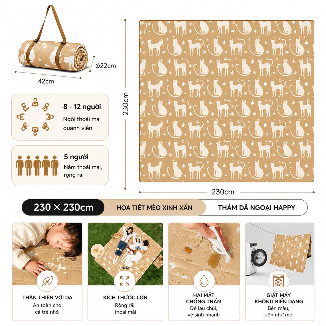 Thảm Dã Ngoại Naturehike Chống Thấm 2 Mặt Thảm Camping Picnic Gấp Gọn, Chần Bông Êm, Giặt Máy CNK2350WS010