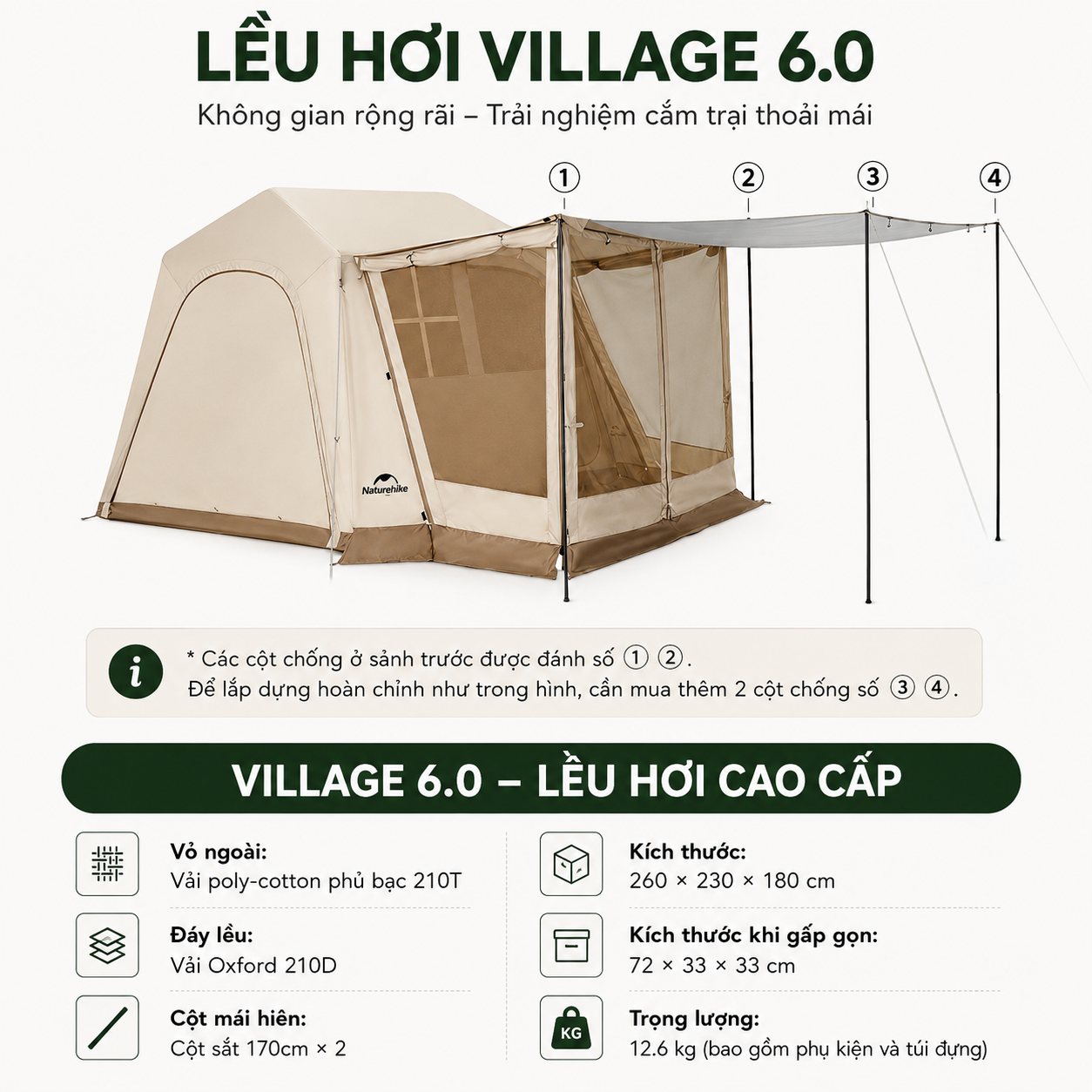 Lều Hơi Naturehike Village 6.0 CNK2650WS037, Lều Cắm Trại Bơm Hơi Tự Dựng, Chống Nước Chống Nắng UPF50+ - Mẫu Flaship (Tặng kèm thảm lót)