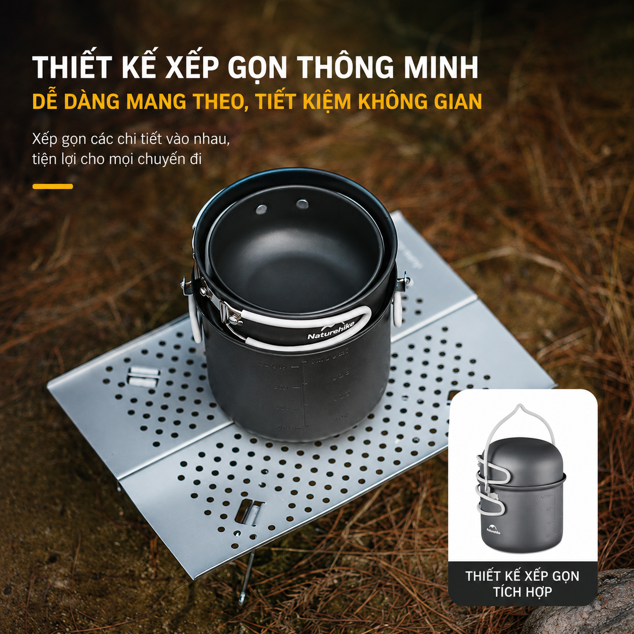 Bộ Nồi Dã Ngoại Naturehike 4 Món Hợp Kim Nhôm 3003 Chống Dính, Tay Cầm Gấp Gọn NH18T018-G