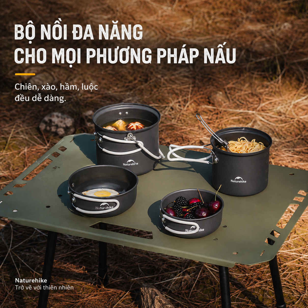 Bộ Nồi Dã Ngoại Naturehike 4 Món Hợp Kim Nhôm 3003 Chống Dính, Tay Cầm Gấp Gọn NH18T018-G