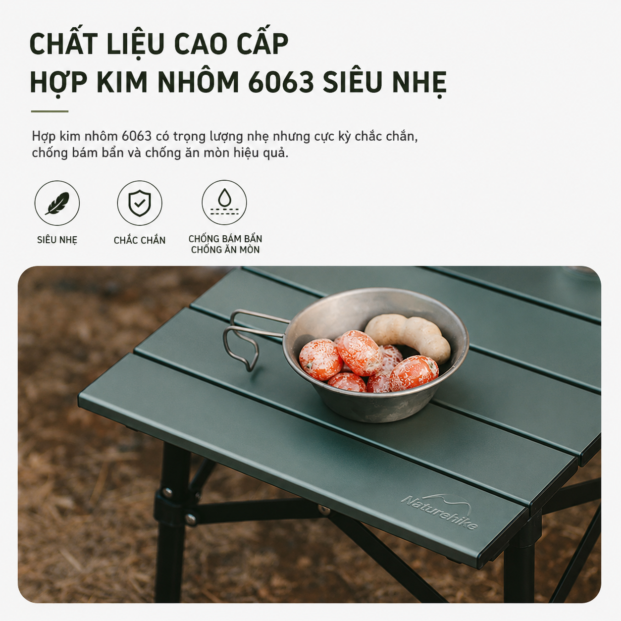 Bàn Gấp Dã Ngoại Naturehike Hợp Kim Nhôm 6063 Siêu Nhẹ 1kg, Bàn Camping Xếp Gọn CNH22JU050