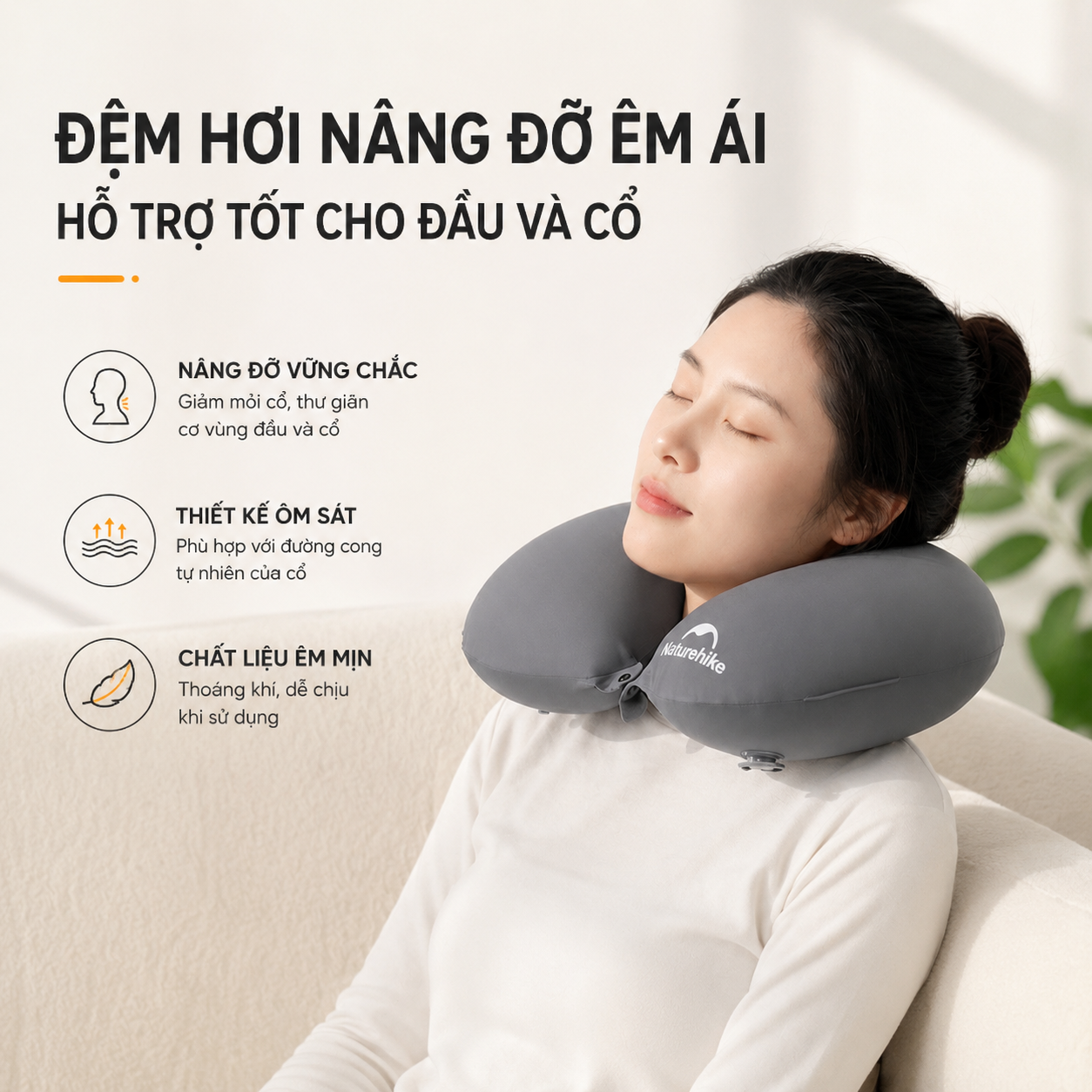 Gối Hơi Du Lịch Naturehike Chữ U Ôm Cổ Siêu Nhẹ 51g, Gấp Gọn, Gối Kê Cổ Đi Máy Bay Cắm Trại Dã Ngoại CNK2650WS030