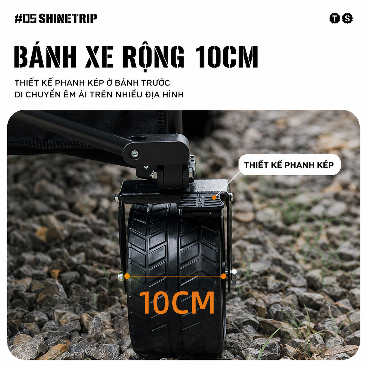 Xe Kéo Camping ShineTrip ST05 Tactical 495L Gấp Gọn Có Tay Kéo Mở Rộng Bánh Xe 10cm Phanh Kép